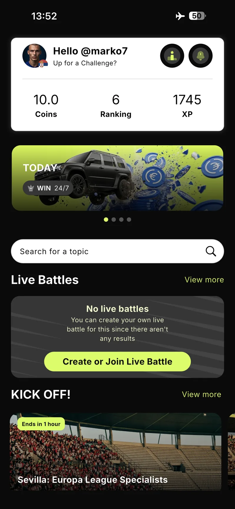 FANATIK app home screen — countdown to next room