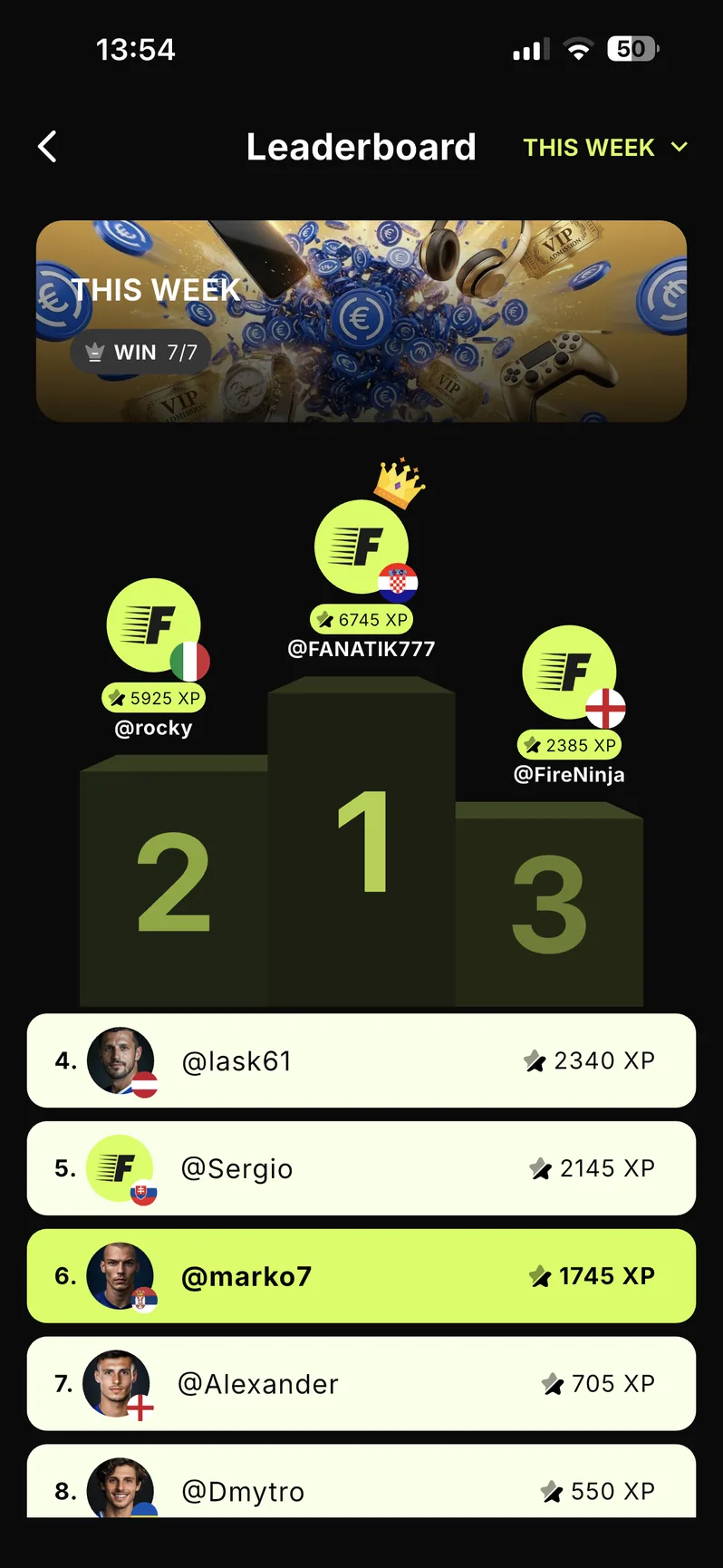 FANATIK app — rankings leaderboard